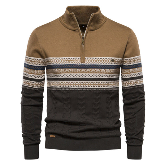 Pull en maille décontracté pour hommes à demi-fermeture éclair, motifs ethniques