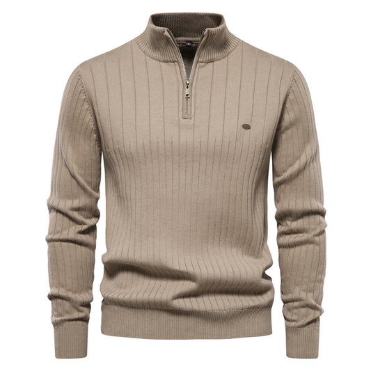 Pull homme en coton décontracté à col montant et demi-fermeture éclair